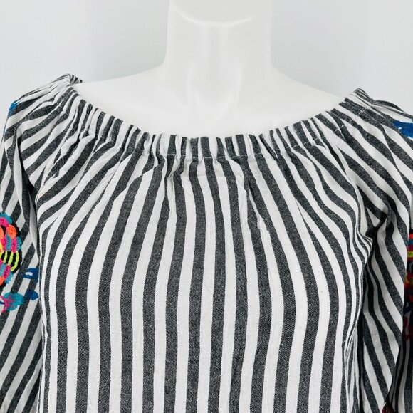 See And Be Seen Black Stripe Blouse Size M Off The Shoulder Embroidery Fringe - Picture 2 of 11